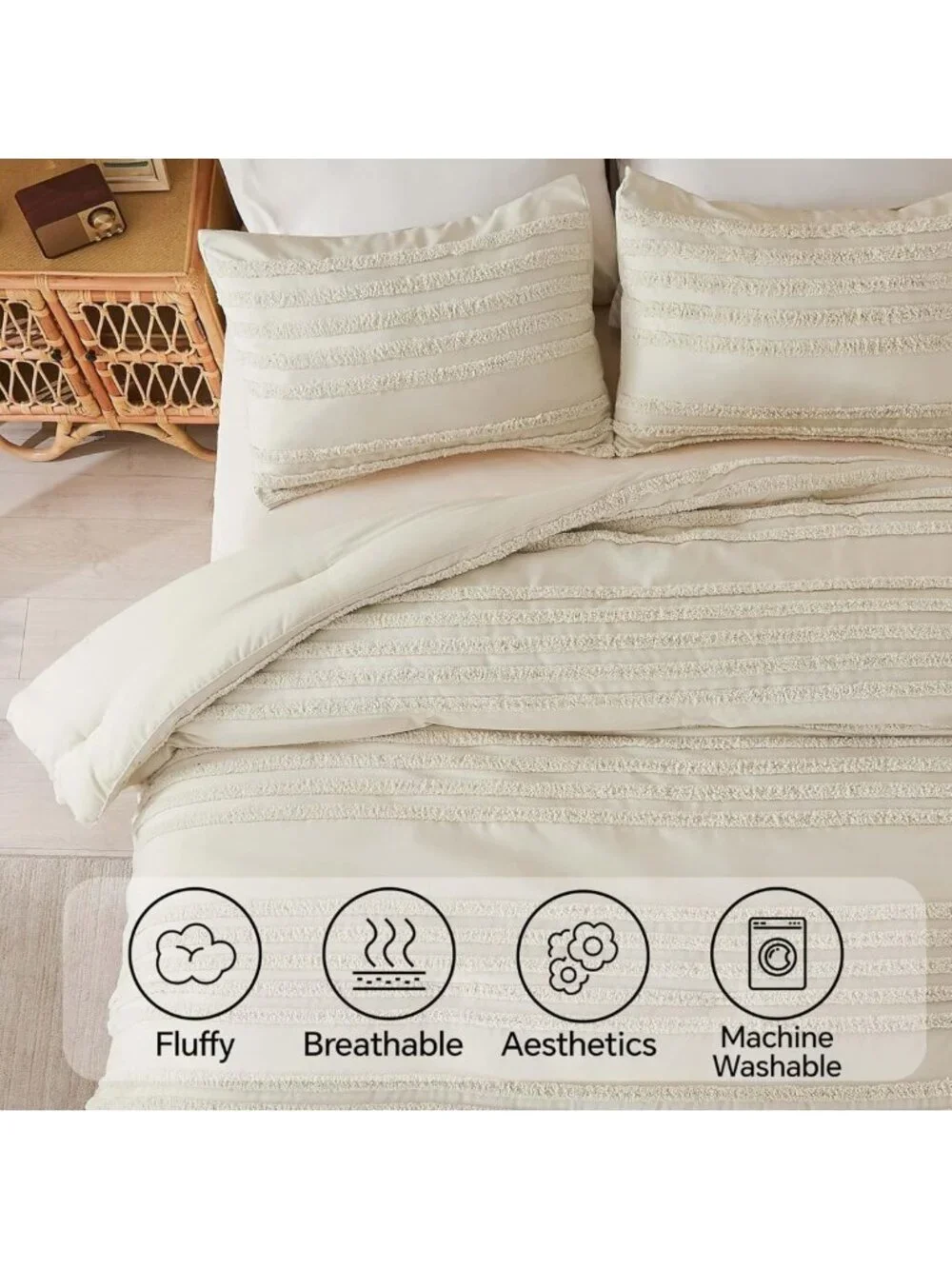 Boho Queen Comforter Set - Beige Tufted 3-Piece Lightweight Bedding & Pillow